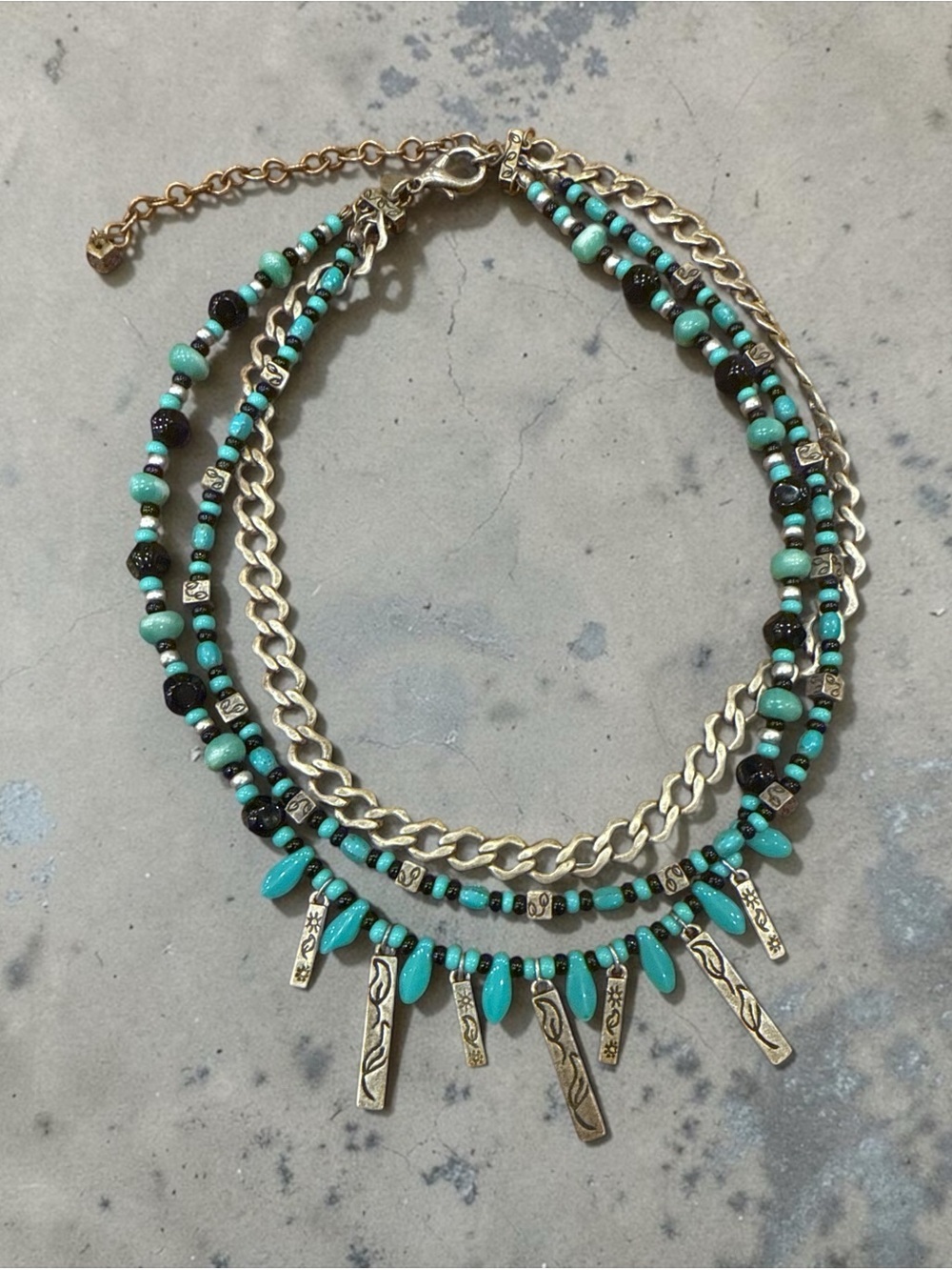 Chico's Turquoise, Black & Gold Multi-Strand Beaded Necklace